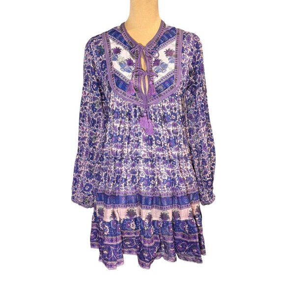 Blue Boheme Tiered Floral Dress Sz.S Purple Tassels Peasant Boho Festival - Picture 3 of 15